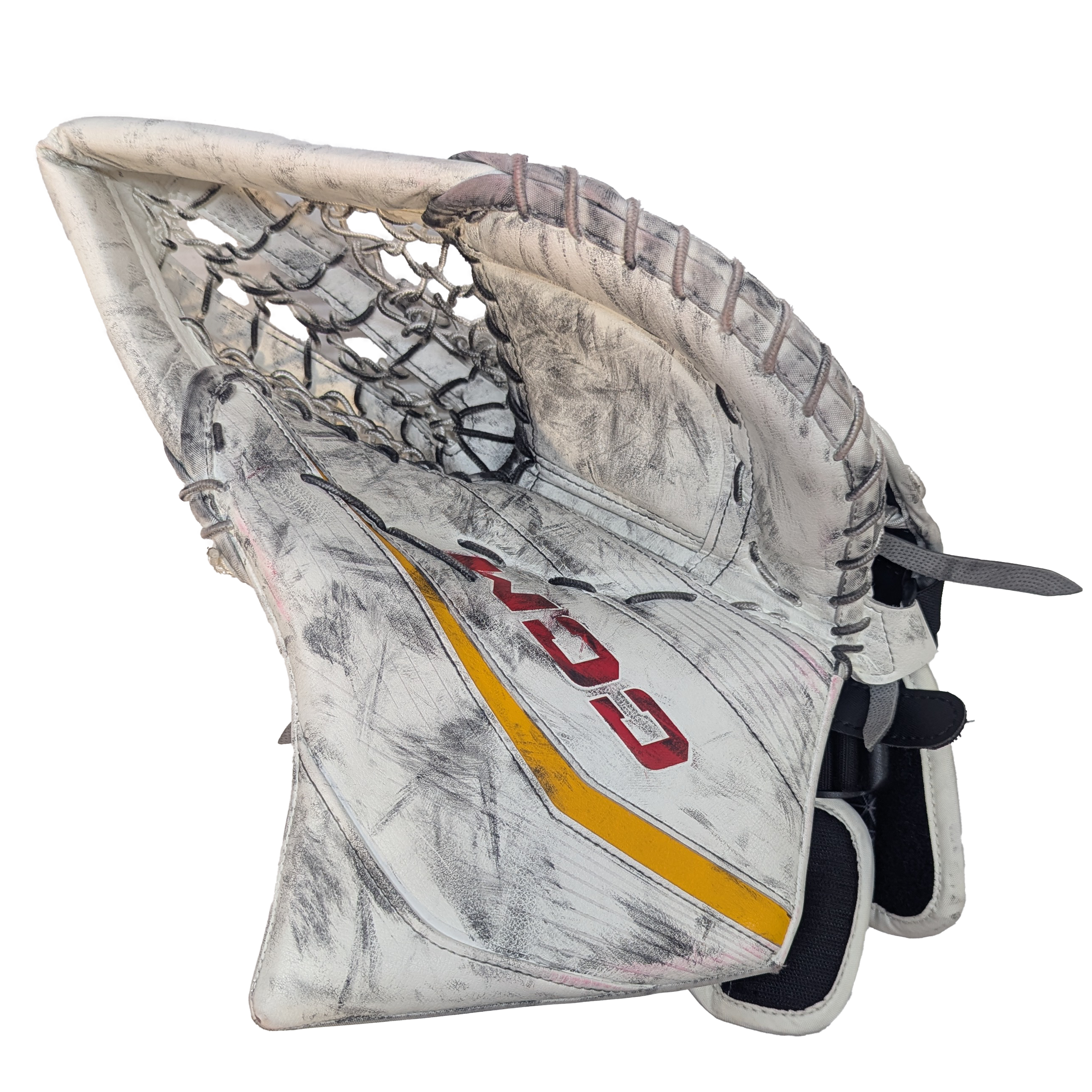 CCM Extreme Flex 6 - Gant de gardien de but AHL Pro Stock d'occasion (blanc/jaune/rouge)